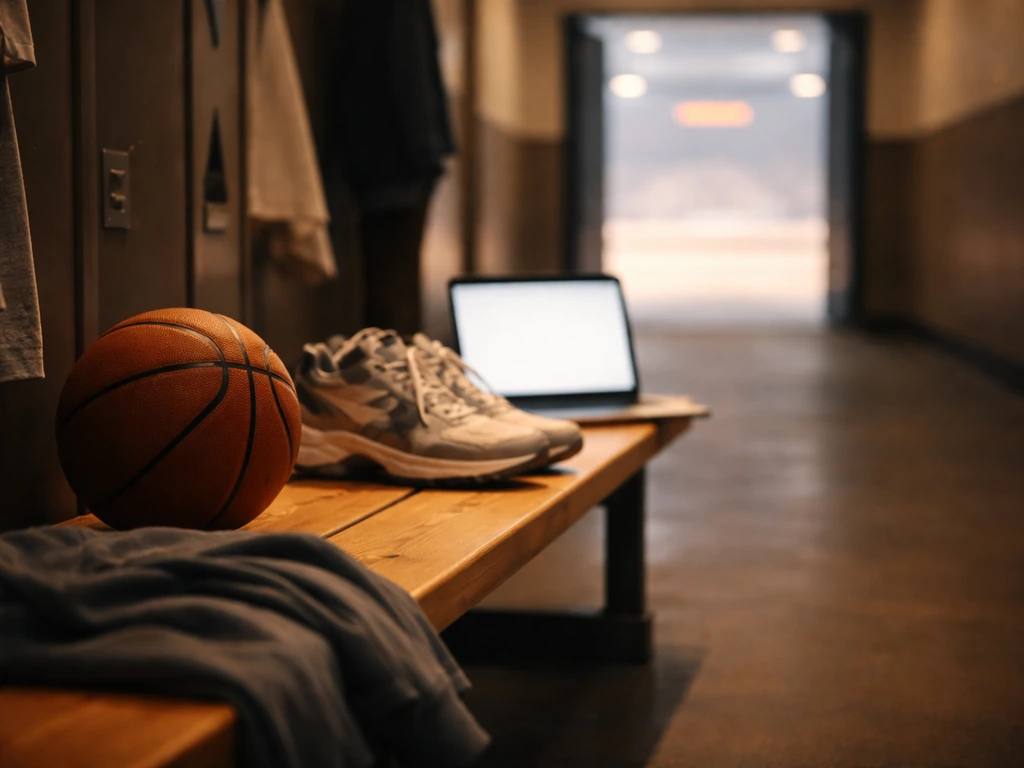 Basketball beside a bench in a locker-room setting with a laptop glow, symbolic of athlete finance analysis.