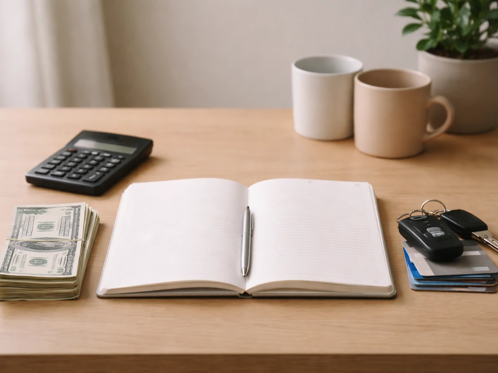Minimal photo of an open notebook with banknotes and a calculator on a desk, symbolizing assets vs liabilities.
