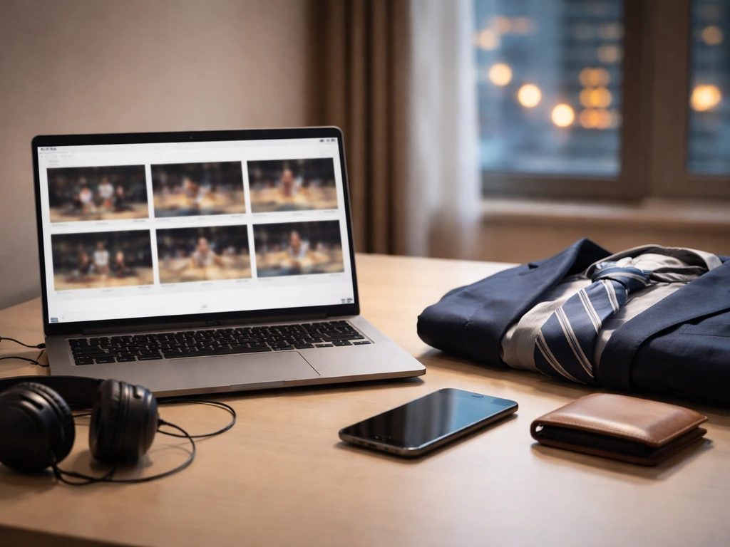 Basketball media desk with game footage on a monitor and a tie neatly placed, suggesting a wealth-moving career timeline