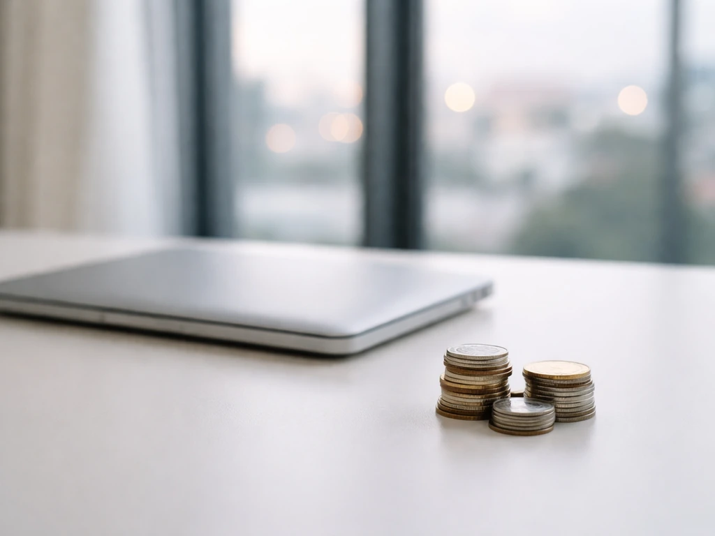 Minimal office scene with a closed laptop and a few coins, symbolizing mid-tier estimated wealth comparison.