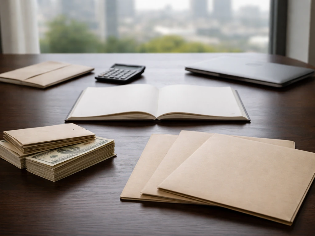Minimal photo of a banker’s desk with a calculator, closed laptop, and neatly stacked cash envelopes for net worth math.