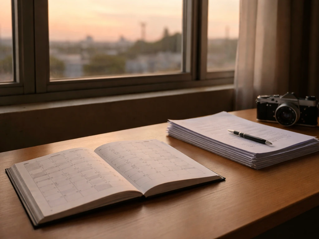 Minimal studio desk scene with a calendar, script pages, and a muted sunset light symbolizing career phases.
