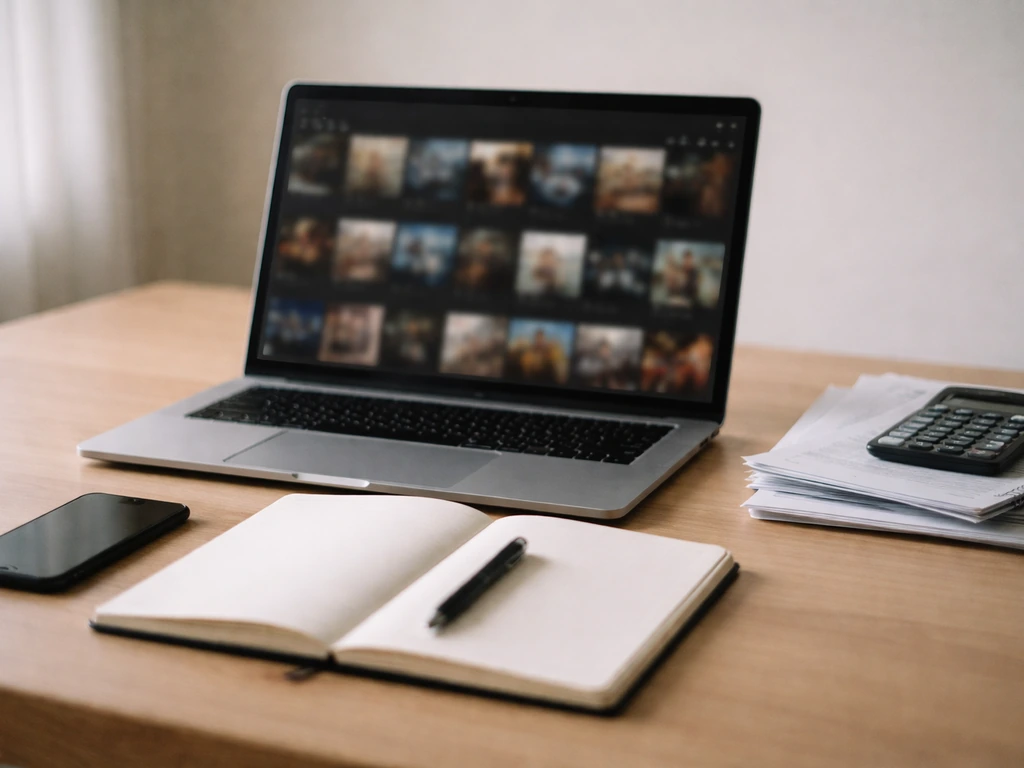 Minimal desk research scene with laptop, phone, blank notebook, and documents for triangulating sources.