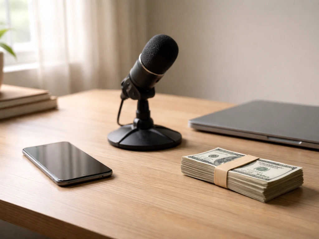 Minimal desk scene with cash and media gear, symbolizing estimated earnings range without showing any person.