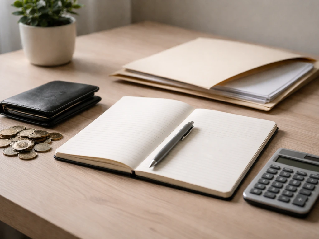 Minimal desk scene with a notebook, open folder, and a calculator beside a wallet and coins