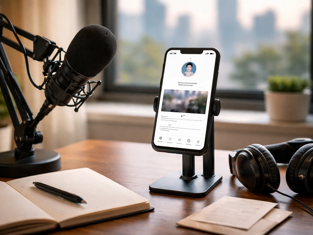 Minimal home recording desk with a smartphone showing a generic creator video preview and microphone setup.
