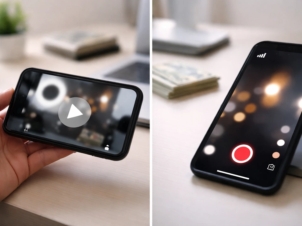 Minimal split-screen style scene showing social media creator vibe: phone with video icons and a money cue