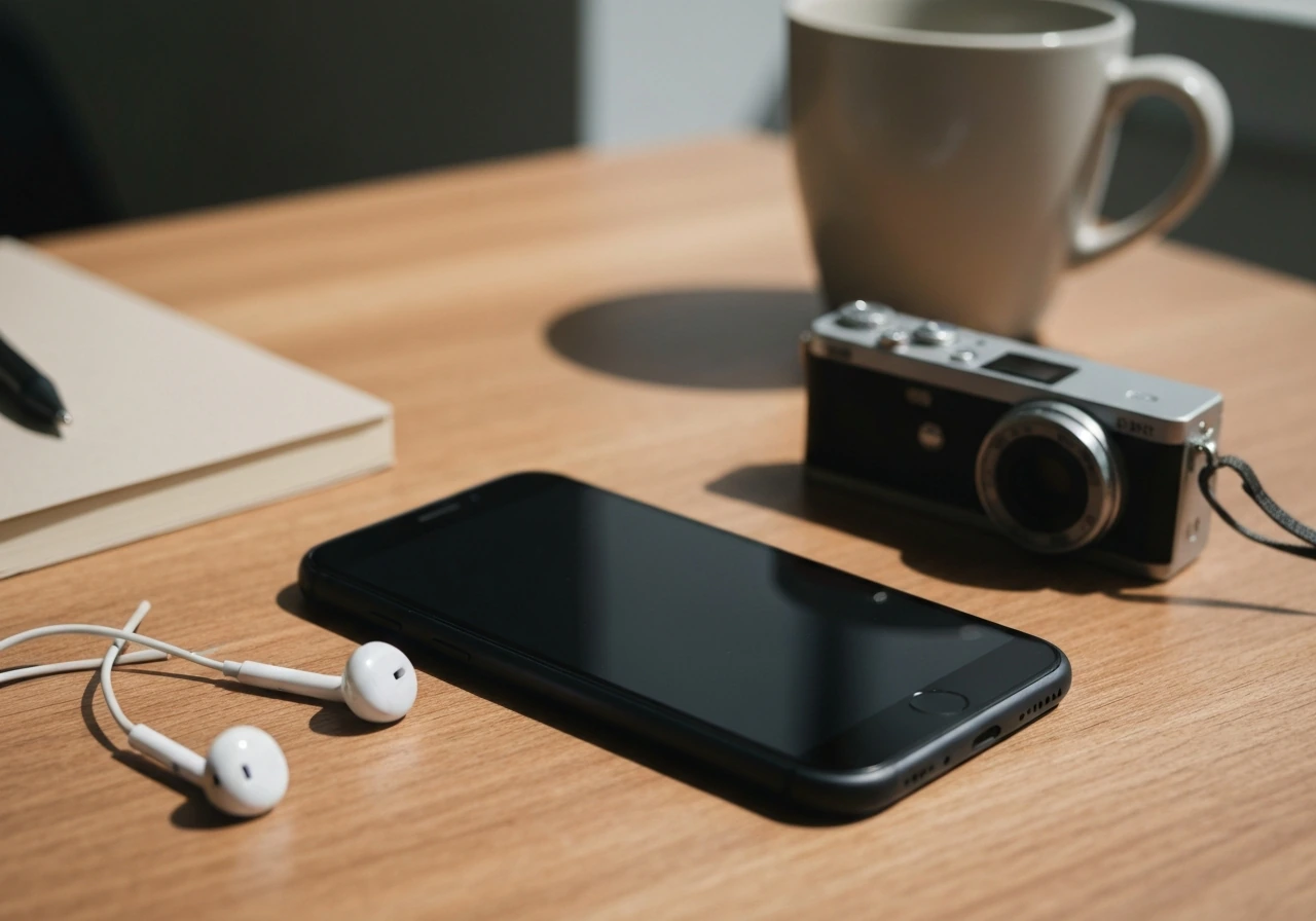 Minimal photo of a creator’s desk with smartphone, earbuds, and a small camera—hinting at multiple income streams.
