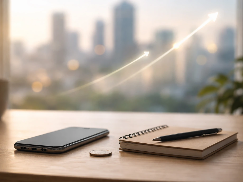 Minimal photo of an office desk with a smartphone and a muted upward money-themed timeline vibe