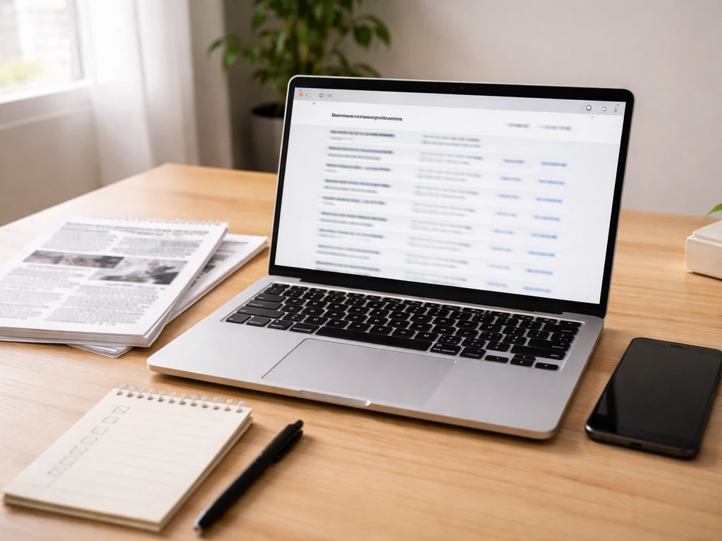 Desk scene with laptop showing blurred registry results and press clippings, plus a checklist notepad.