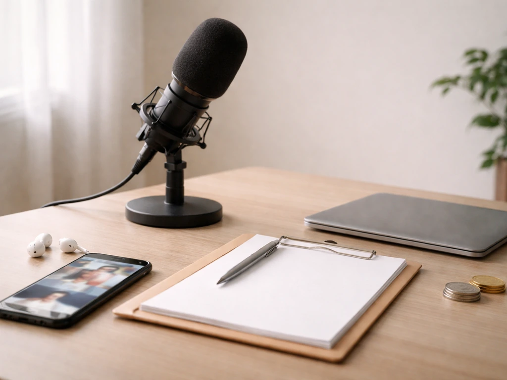 Minimal desk scene with phone, studio microphone, folder, laptop, and coins symbolizing different income sources.