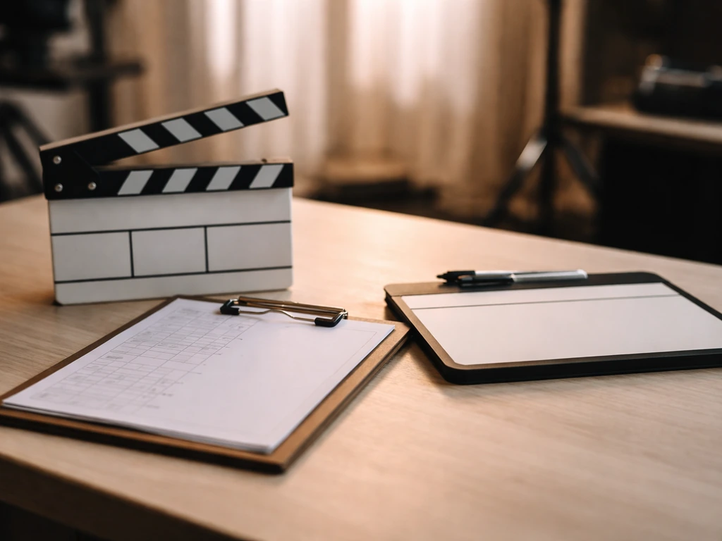 Film production desk with clapperboard, call sheet clipboard, and slate on a studio worktable