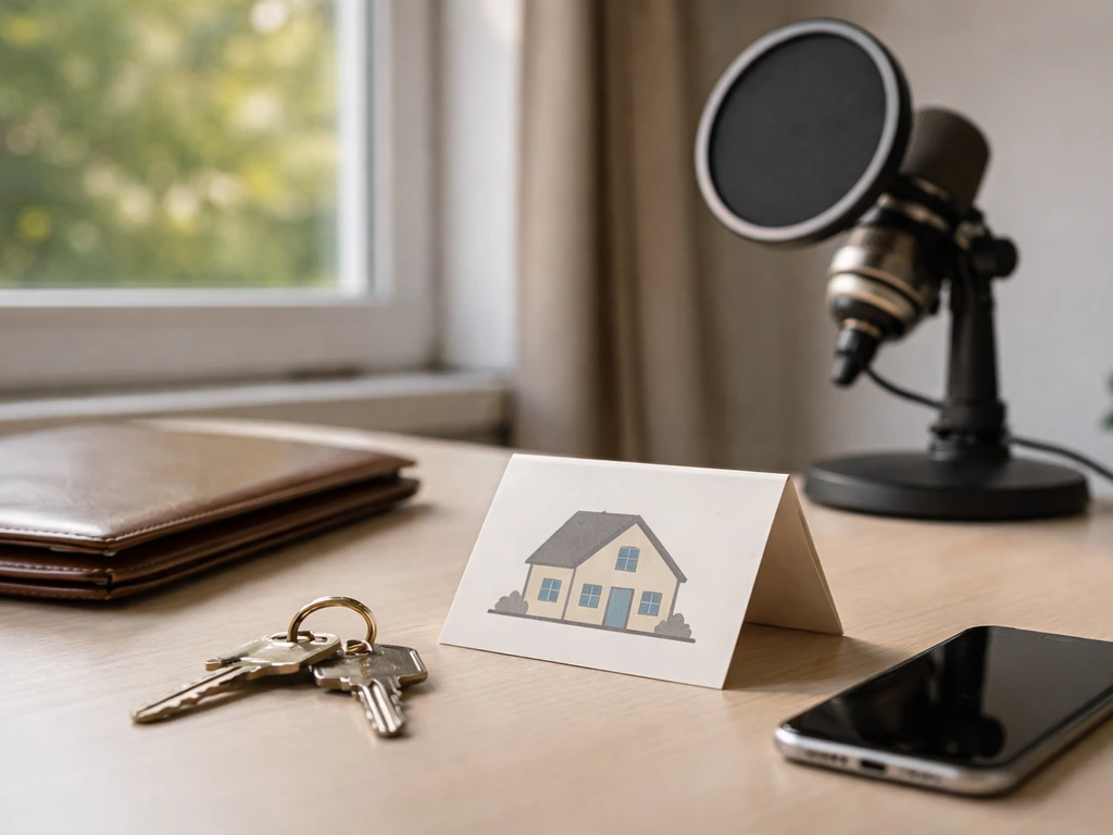 Minimal photo of a modern desk with house keys, a small notebook, and a studio microphone beside a window view.