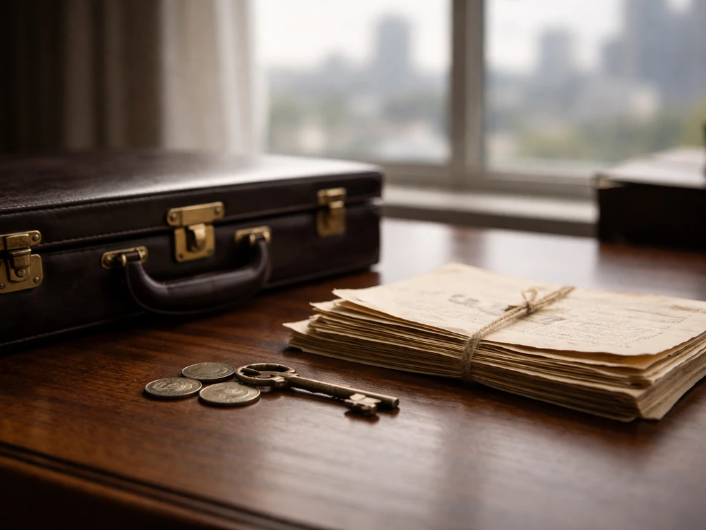 Minimal photo of an anonymous desk with documents, a closed briefcase, and coins suggesting historical wealth estimates.