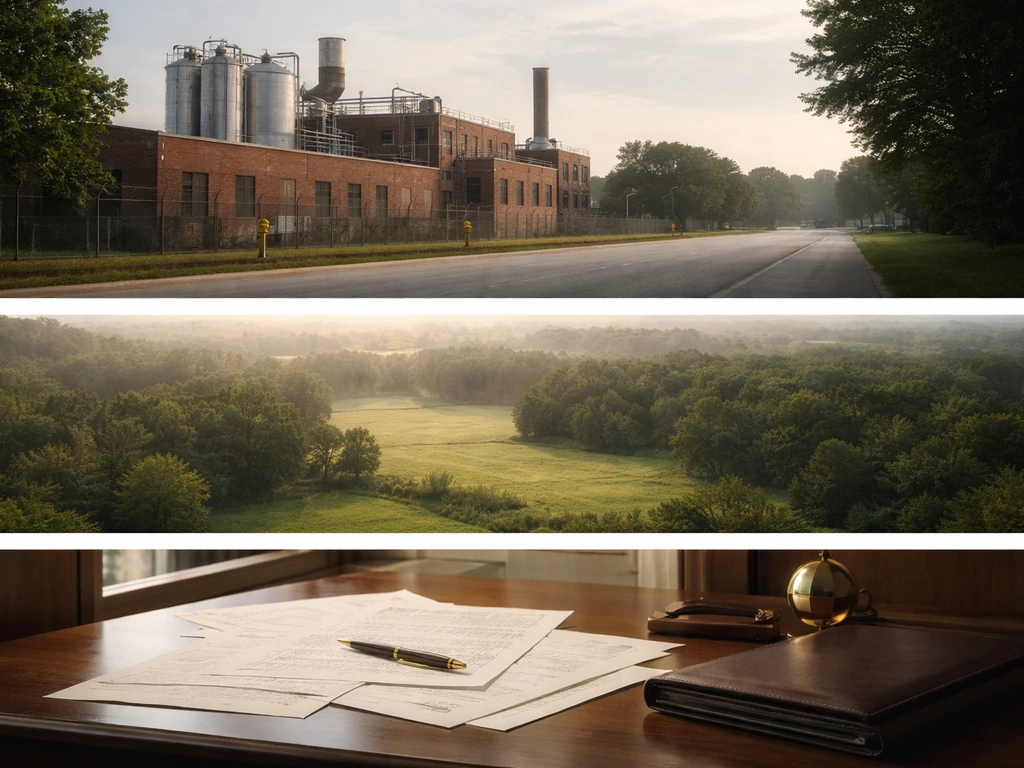 Minimal collage of Morton Salt stock and land holdings: vintage salt factory, empty fields, and historic office desk
