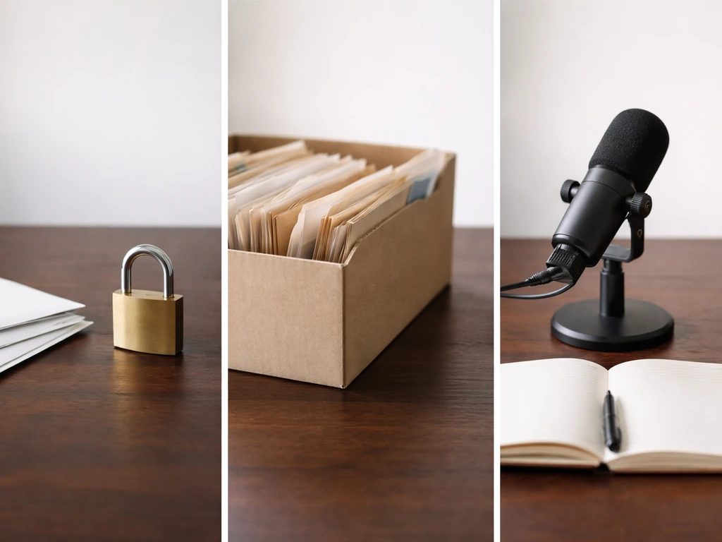 Side-by-side desk scene: padlock and envelopes, loose documents, and a microphone beside a blank notebook.