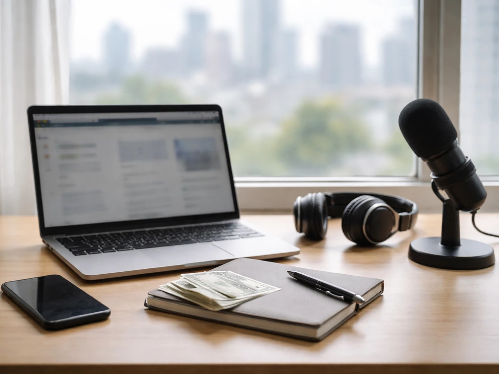 Minimal desk scene with laptop, cash, headphones, and microphone symbolizing media and financial income components.