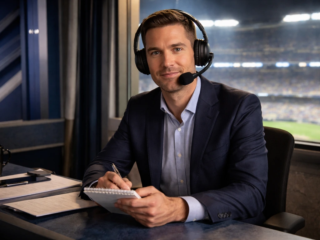 Sports reporter in a Yankees-style broadcast clubhouse, headset mic on, desk setup with blurred stadium lights.