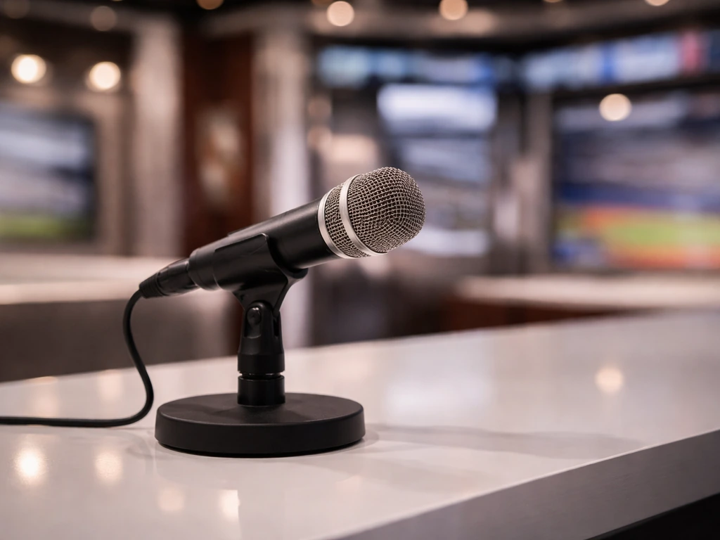 MLB Network-style studio with microphone and softly lit baseball memorabilia backdrop, evoking a guest appearance