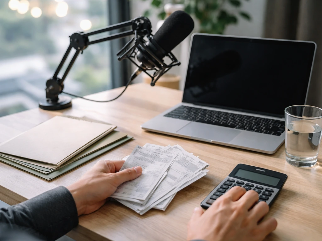 Minimal photo of a broadcaster-style podcast desk with laptop, microphone, and neatly arranged documents for analysis.
