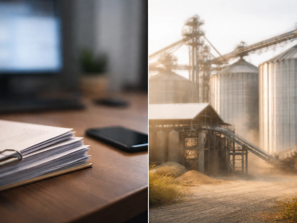 Split scene of an office desk with a financial document and a rice milling facility in the background