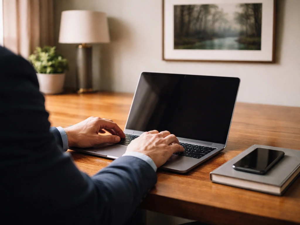 Simple photo of an anonymous businesswoman working at a desk with a laptop in a Louisiana-style office