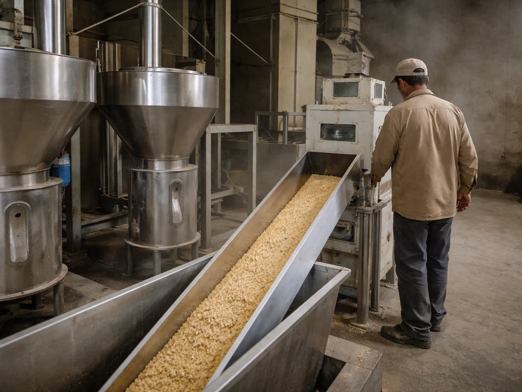 Inside a rice milling facility with stainless hoppers and conveyors, rice grains moving through machinery.