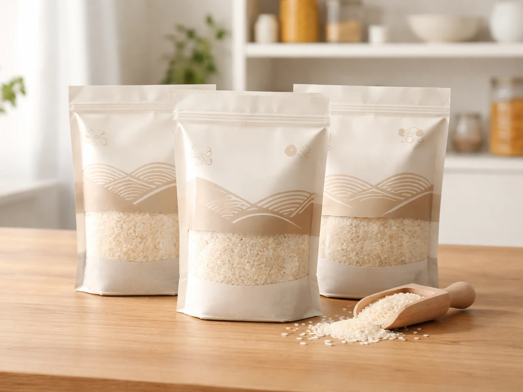 Three rice bags on a wooden table with a small scoop of uncooked rice, bright minimal background.