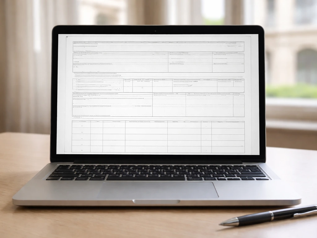 Close-up of a laptop displaying a blank SEC Form 4 style filing page with a pen nearby