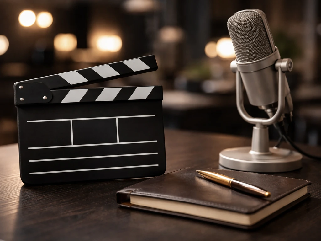 Minimal TV studio desk scene with microphone and clapperboard, suggesting media and earnings context.