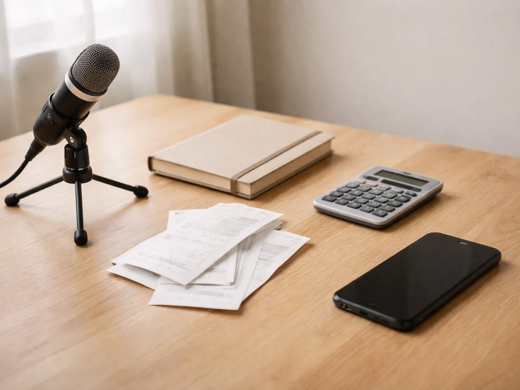 Minimal photo of a desk with a microphone, scattered receipts, and a smartphone beside a calculator, symbolizing net wor