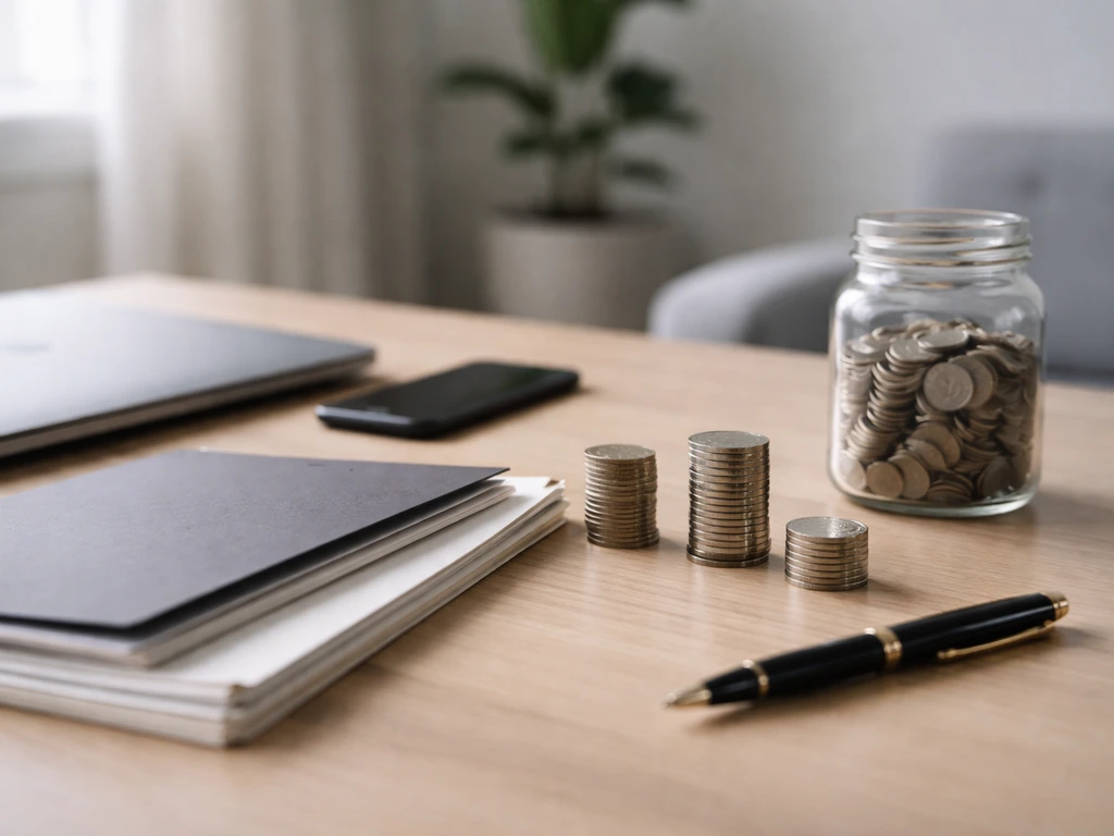Anonymous desk scene with coins, documents, and a phone suggesting changing wealth over time