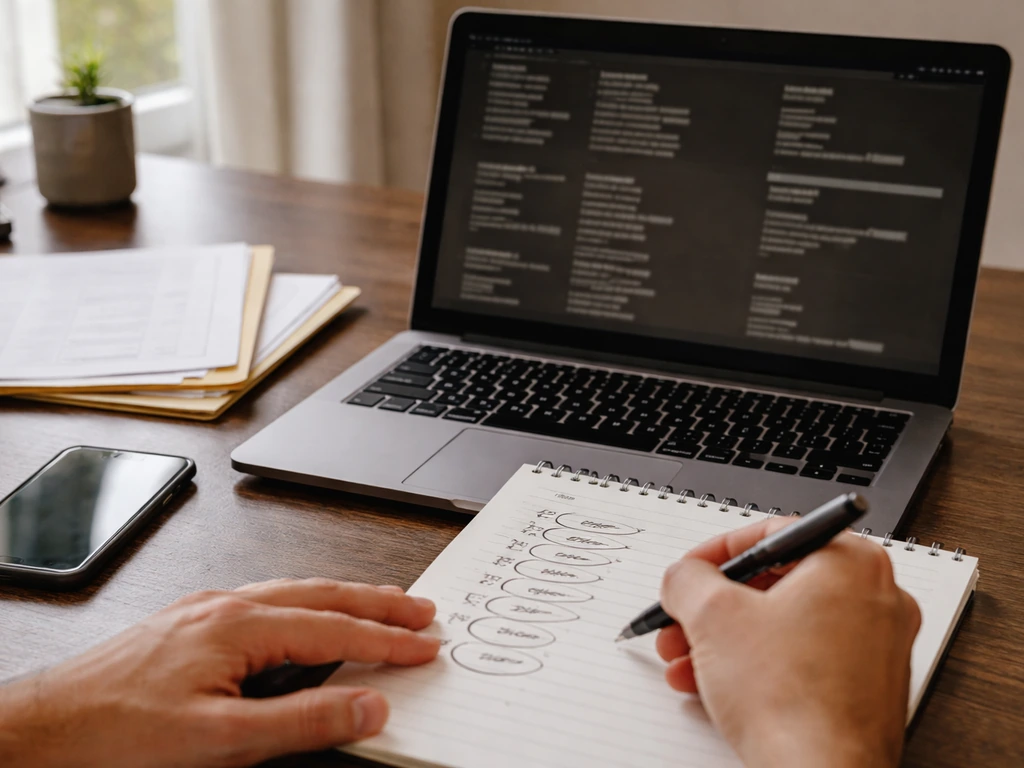 Person at a desk reviewing movie credits on a laptop and jotting episode counts, ready to update estimates.