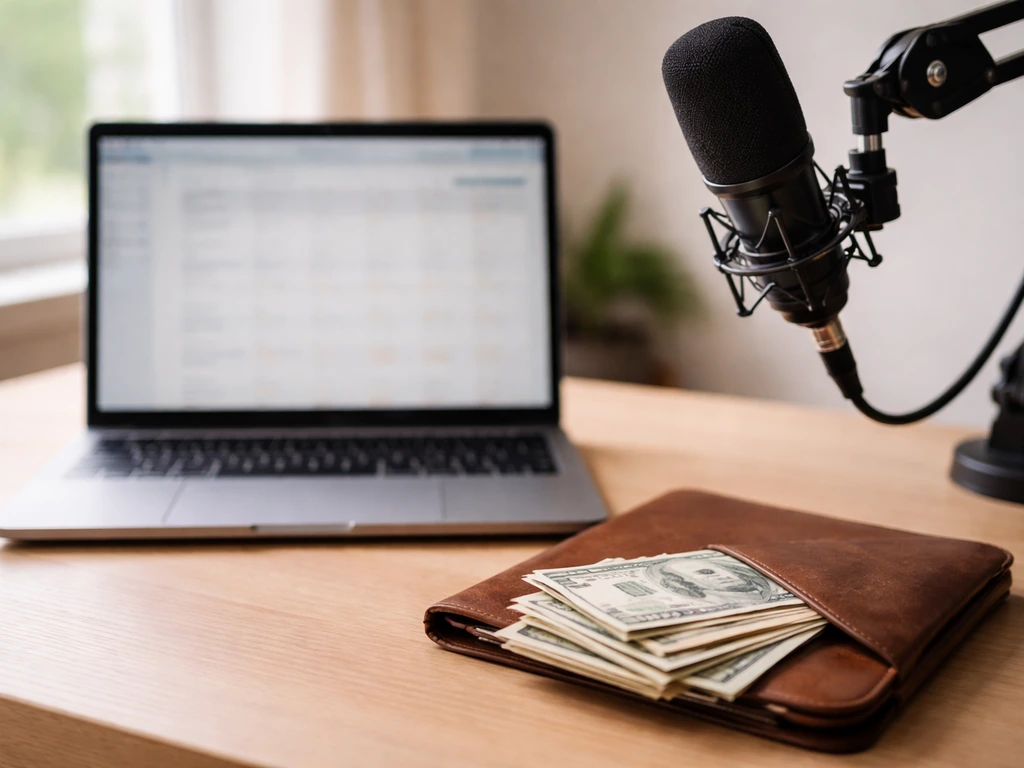 Minimal office desk with blurred laptop finance page, microphone, and cash symbolizing income streams