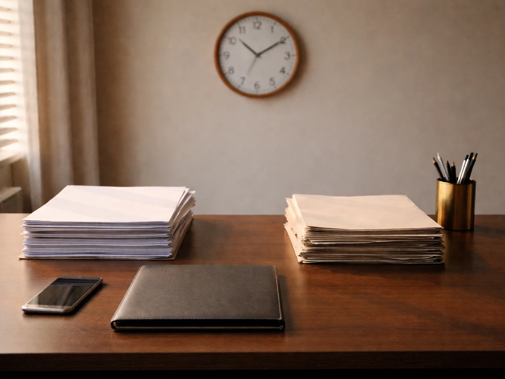 Minimal office desk with documents, a pen holder, and a clock suggesting changing wealth over career phases.