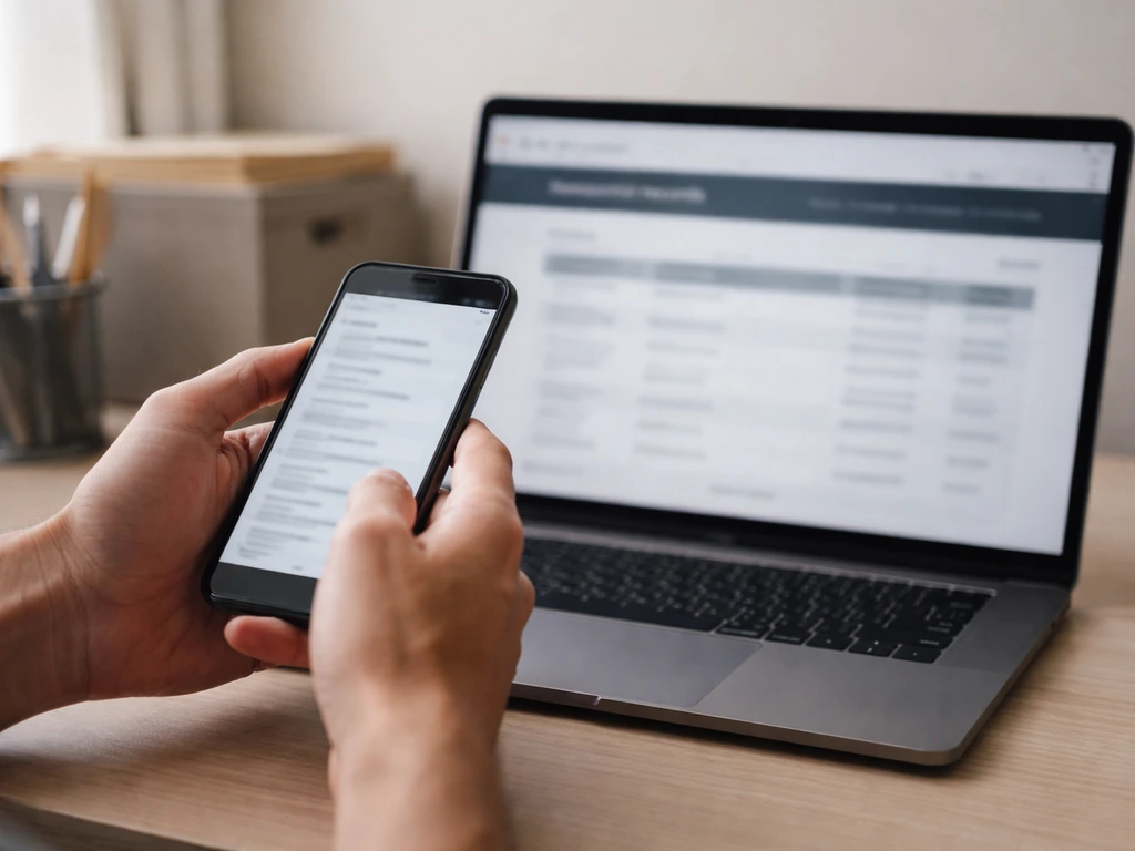 Anonymous hands reviewing nonprofit finance documents on a laptop and phone at a simple desk.
