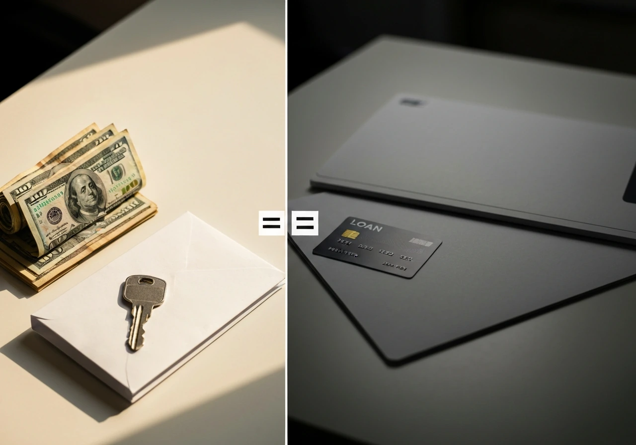 Split desk scene showing assets on one side and liabilities on the other with money, key, and credit card.