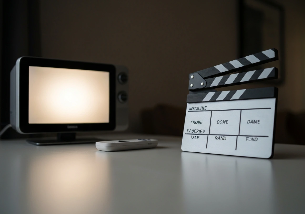 Minimal still life of a TV screen, clapperboard, and play icon symbolizing TV work and streaming residuals