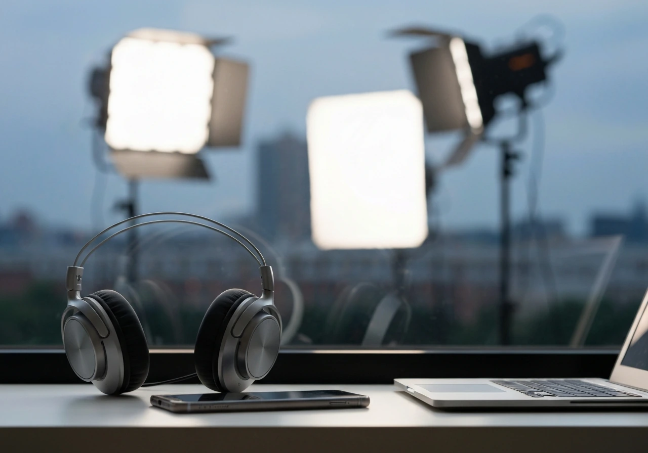 Minimal desk scene with headphones and streaming devices, symbolizing ongoing residuals