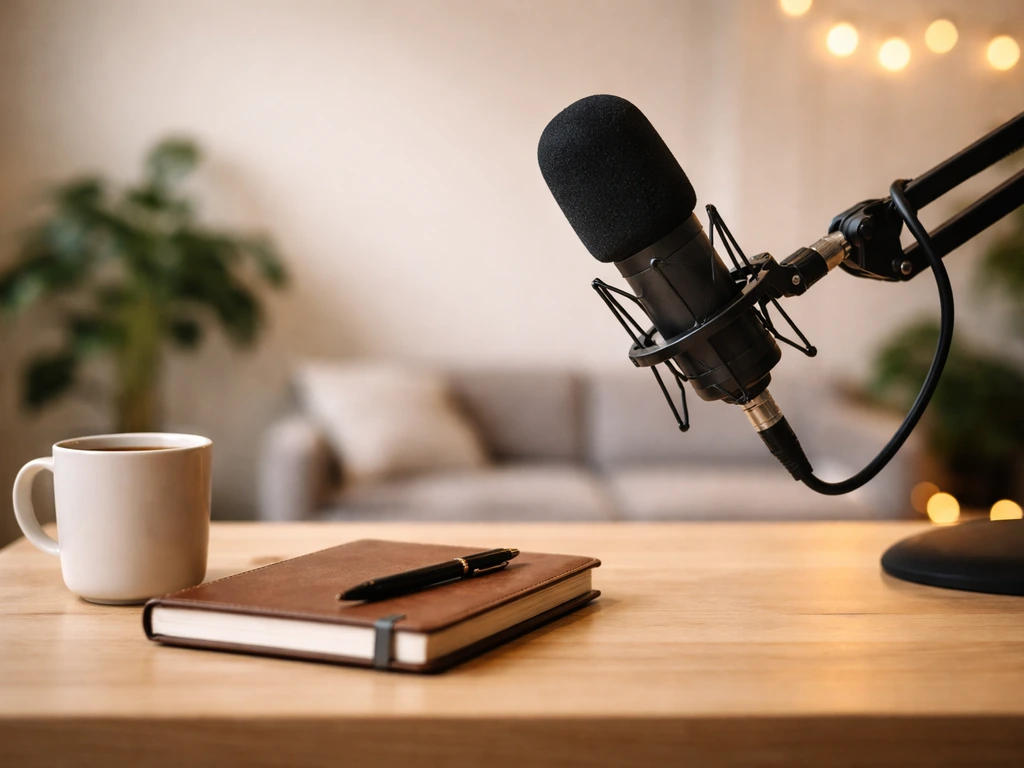 Podcast studio workspace with a microphone and notebook, symbolizing a Nashville creator and media career.