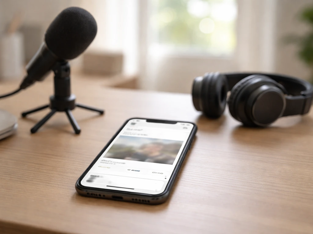Personless desk setup with smartphone showing an Instagram-style post layout for sponsored content theme