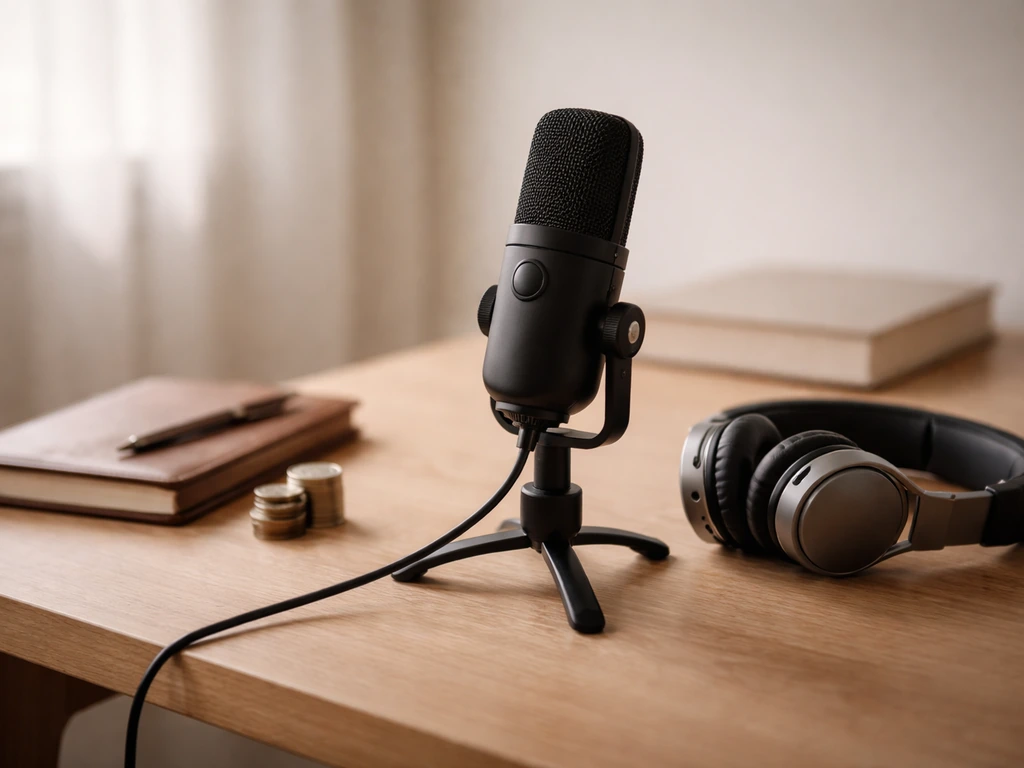 Minimal podcast studio desk with a microphone, headphones, and a muted book, lit by natural window light.