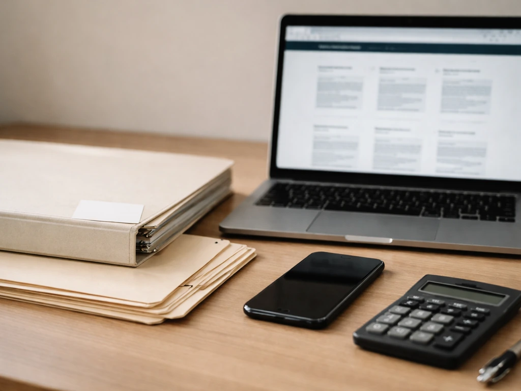 Close-up desk scene with calculator, pen, and phone near a laptop showing blurred document-like pages.