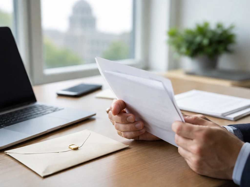 Anonymous hands reviewing city budget papers near a laptop and a paystub-style envelope