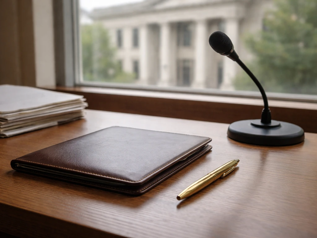 Close-up of legal credentials folder and pen beside a microphone on a wooden office desk with a courthouse view.