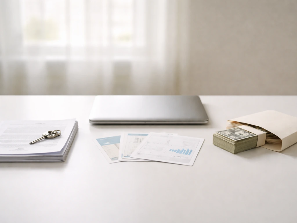 Minimal desk with property docs, investment items, and cash side-by-side to symbolize personal assets.