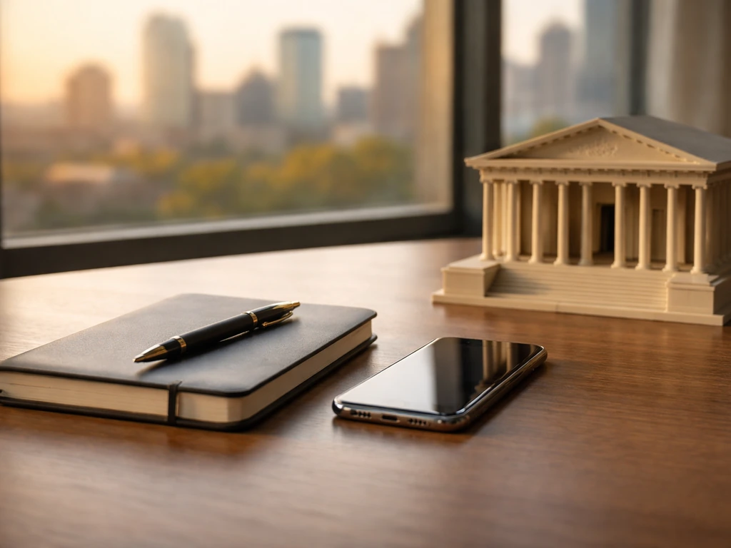 Minimal office scene with notebook, pen, smartphone, and a small courthouse model suggesting career-driven wealth change