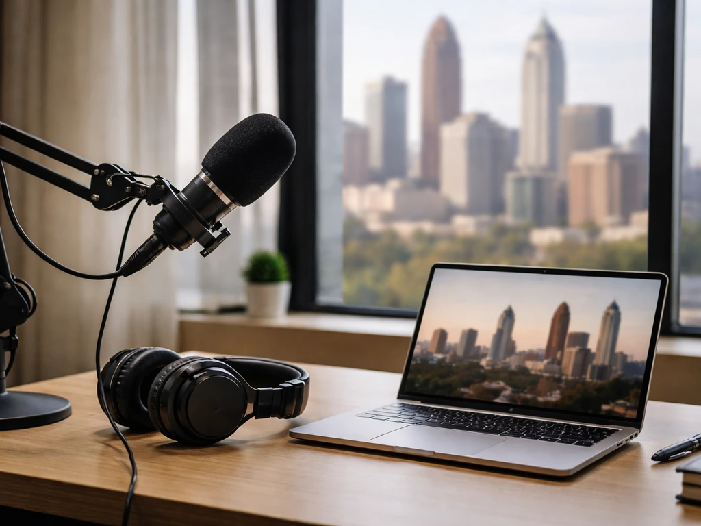 Unbranded podcast mic and headphones on a desk near a window with blurred city buildings.