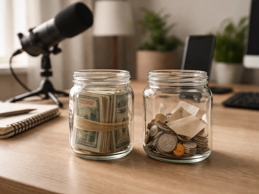 Minimal home office desk with two unlabeled jars symbolizing assets and liabilities; media gear in background.