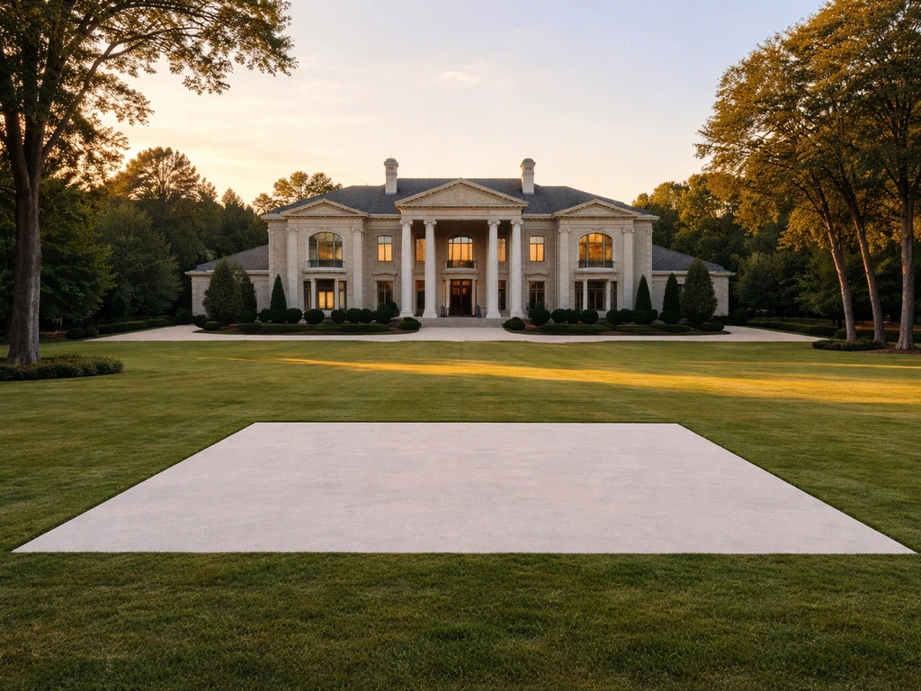 Wide exterior view of a luxury mansion with an unobtrusive floor-area cue symbol in the foreground.